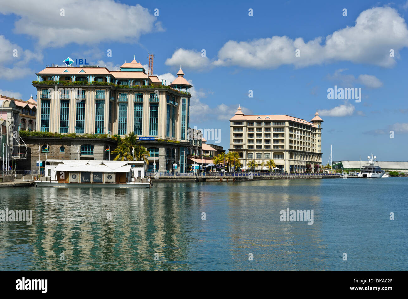 Caudan Waterfront with restaurants, bars, IBL building and Labourdonais Hotel, Port Louis, Mauritius. Stock Photo