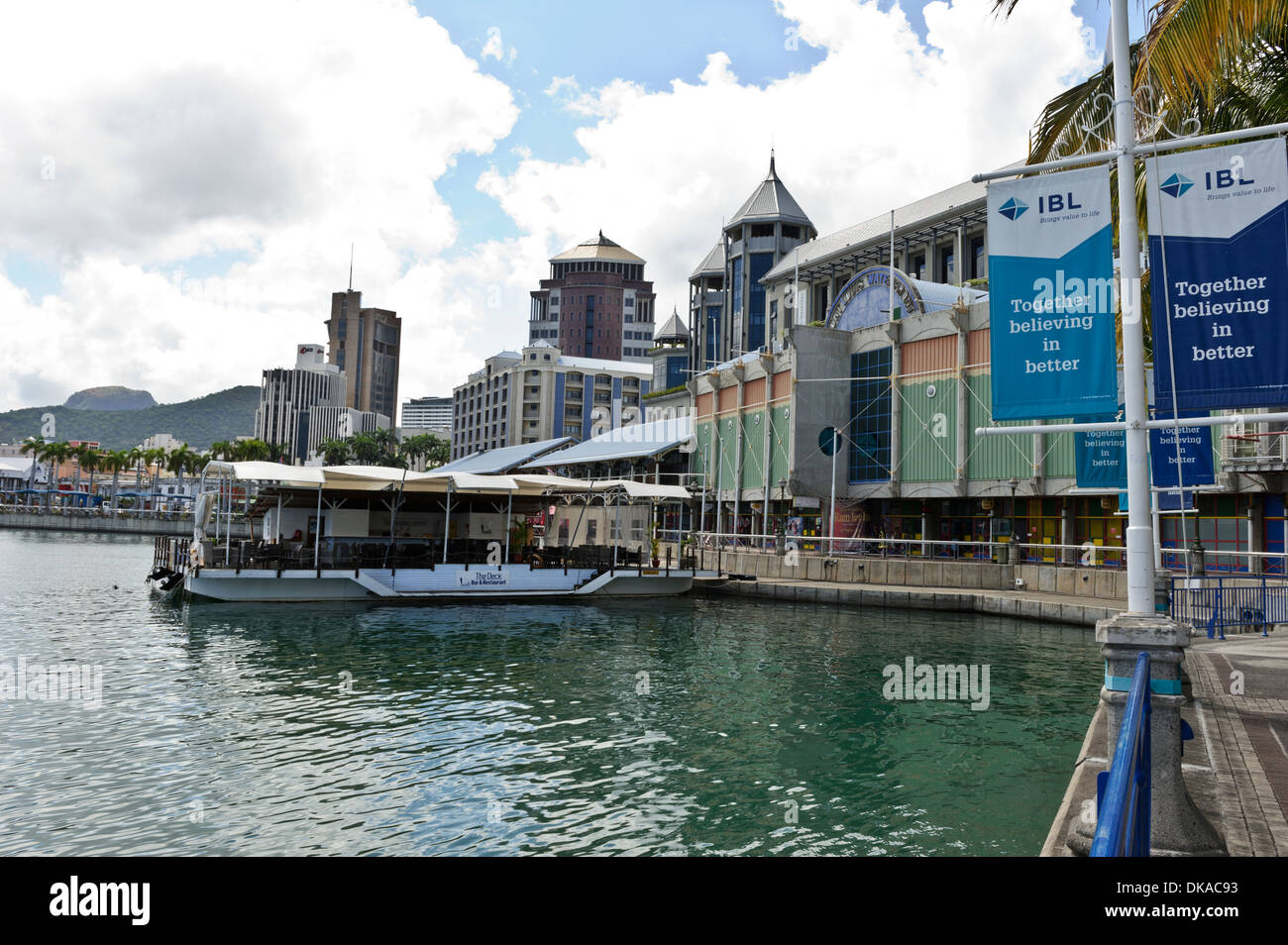 Caudan Waterfront with restaurants, bars and floating seafood restaurant, Port Louis, Mauritius. Stock Photo
