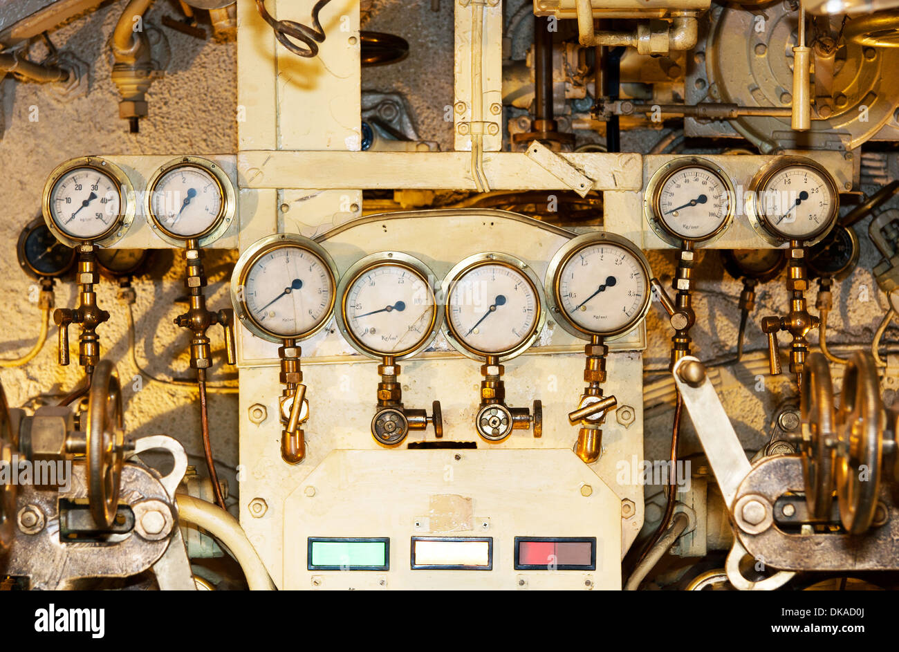 Machine pressure indicators in a submarine Stock Photo - Alamy