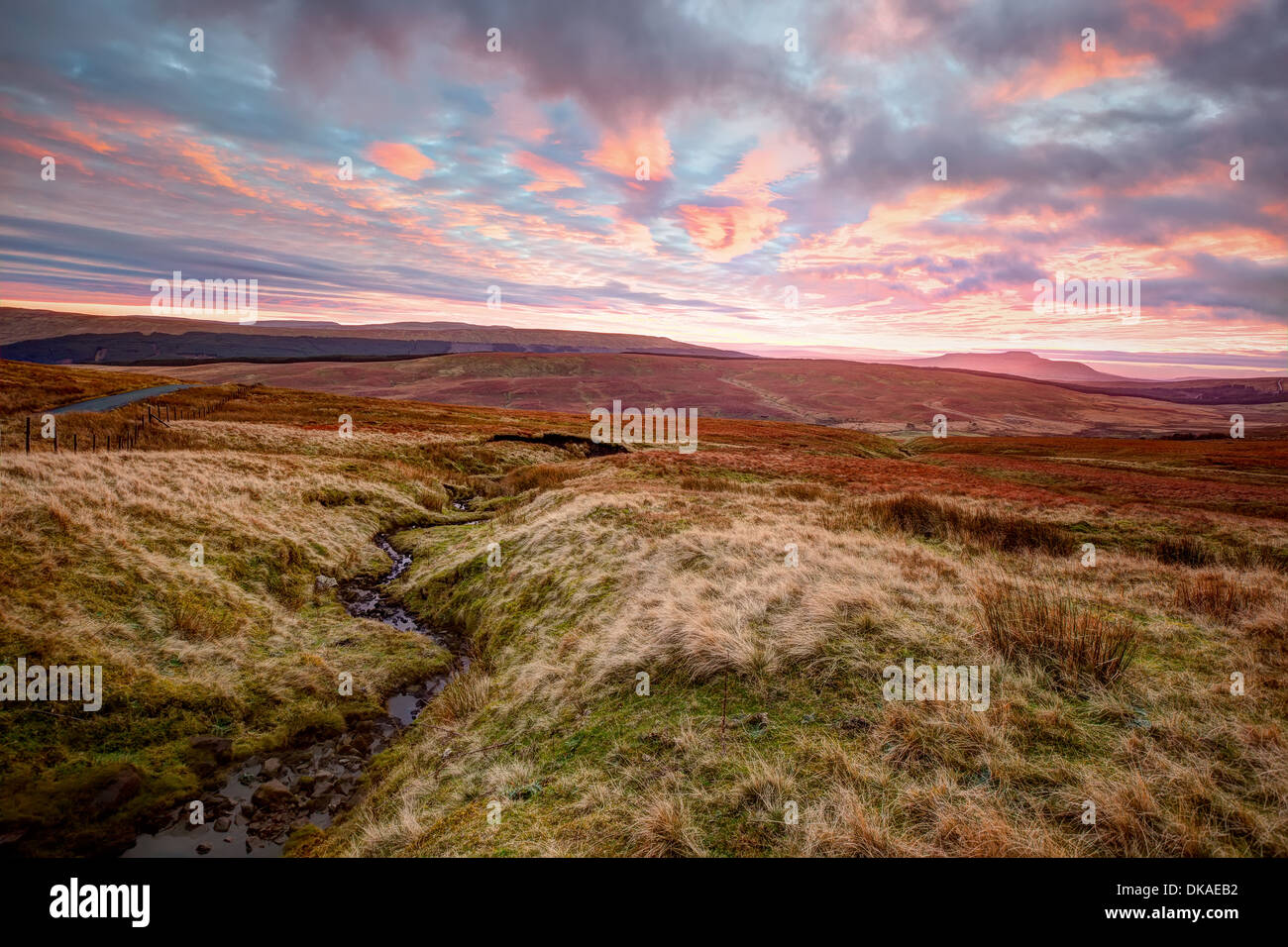 Sunset view across moorland to the Pennines in the Yorkshire Dales. Stock Photo