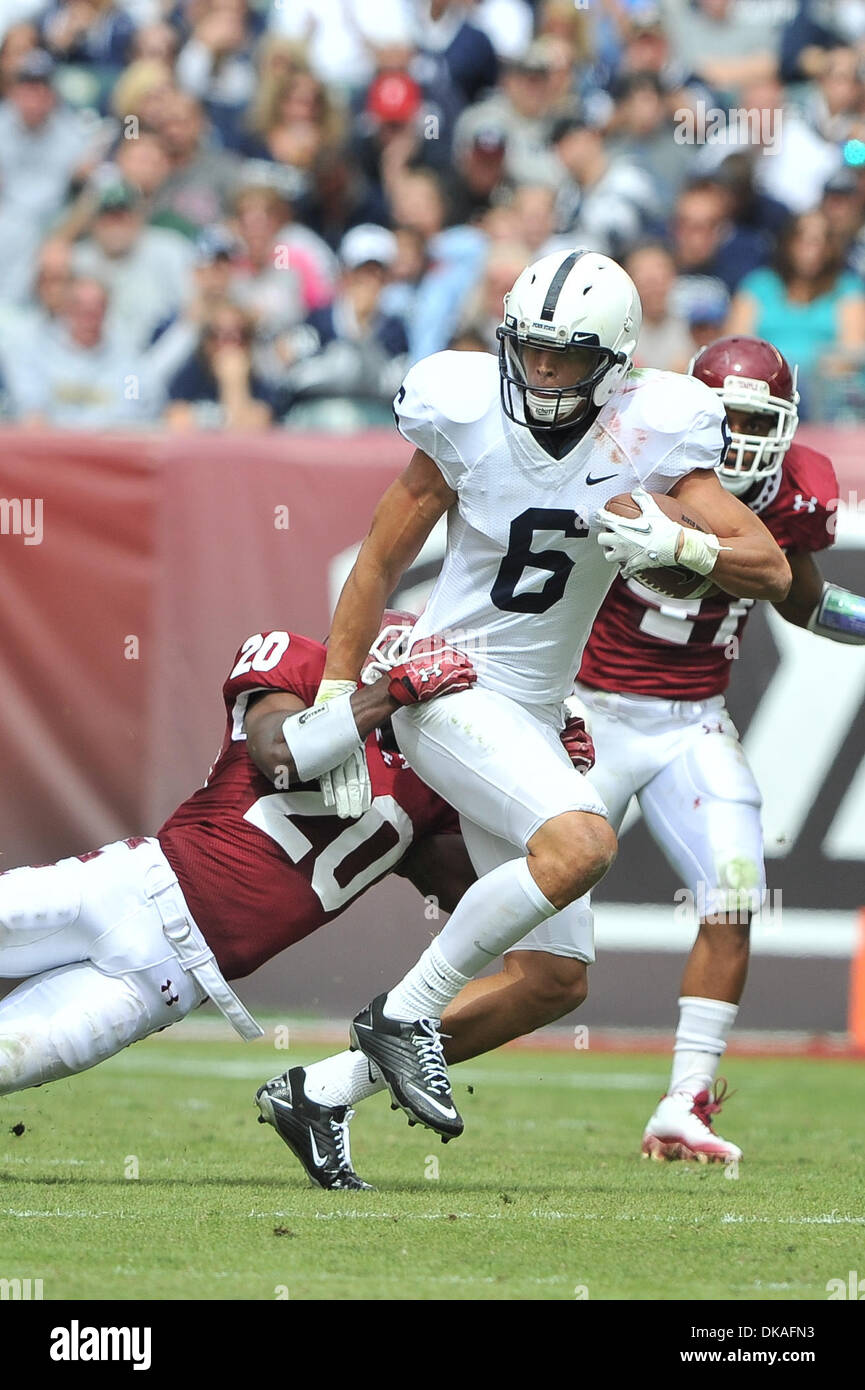 Sept. 17, 2011 - Philadelphia, Pennsylvania, U.S - Penn State Nittany Lions wide receiver Derek Moye (6) catches a pass while being defended by Temple Owls defensive back Kee-ayre Griffin (20) Penn State defeated Temple by a score of  14-10 in a comeback win. The  game is being  being played at Lincoln Financial Feld in Philadelphia, Pennsylvania (Credit Image: © Mike McAtee/Southc Stock Photo