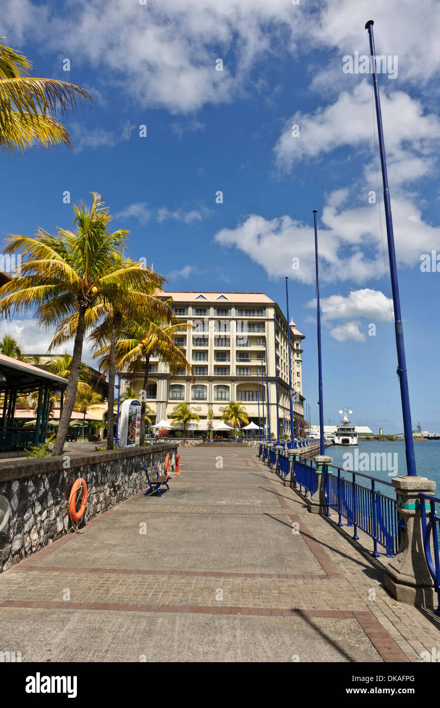 Caudan Waterfront with restaurants, bars and Labourdonais Hotel, Port Louis, Mauritius. Stock Photo