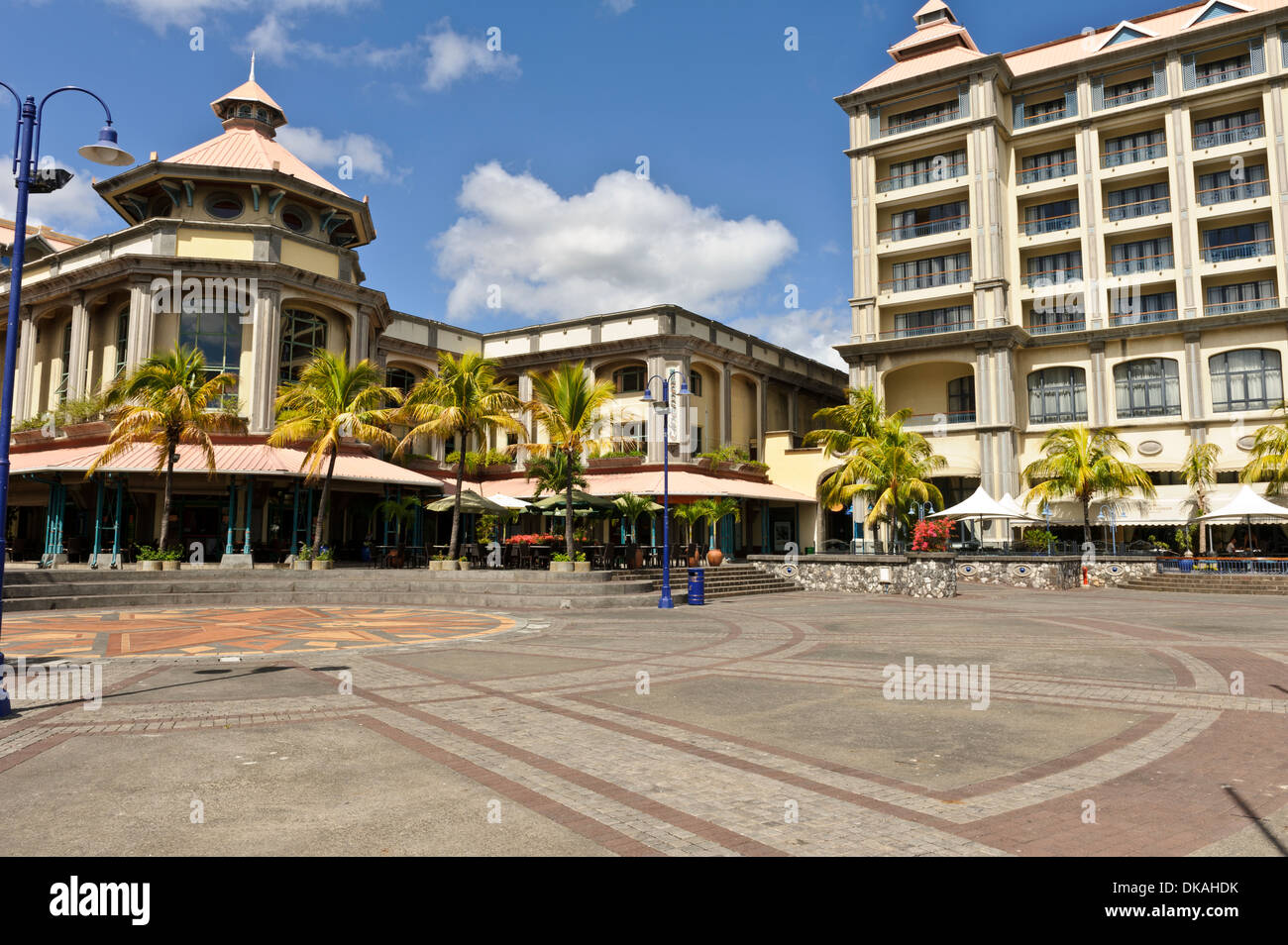 Place du Caudan with restaurants, bars and Le Pavillion, Port Louis, Mauritius. Stock Photo