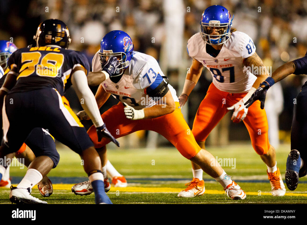 Sept. 16, 2011 - Toledo, Ohio, U.S - Boise State offensive tackle Nate Potter (73) and tight end Gabe Linehan (87) during game action.  The Boise State Broncos (4/4), of the Mountain West Conference, defeated the Toledo Rockets, of the Mid-American Conference, 40-15 at the Glass Bowl in Toledo, Ohio. (Credit Image: © Scott Grau/Southcreek Global/ZUMAPRESS.com) Stock Photo