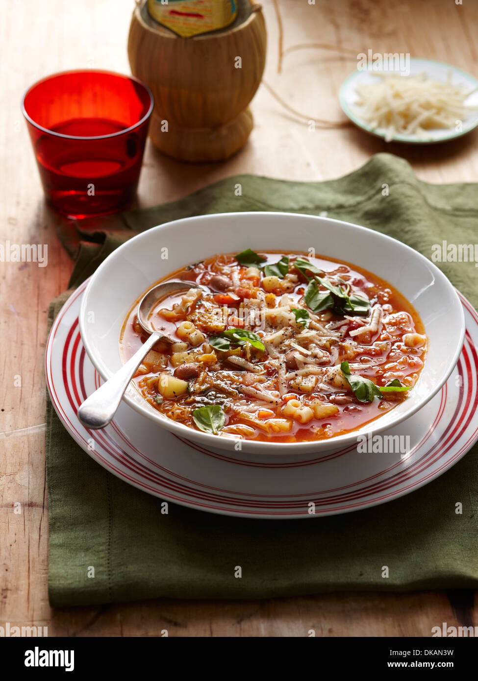 Still life with bowl of minestrone soup Stock Photo
