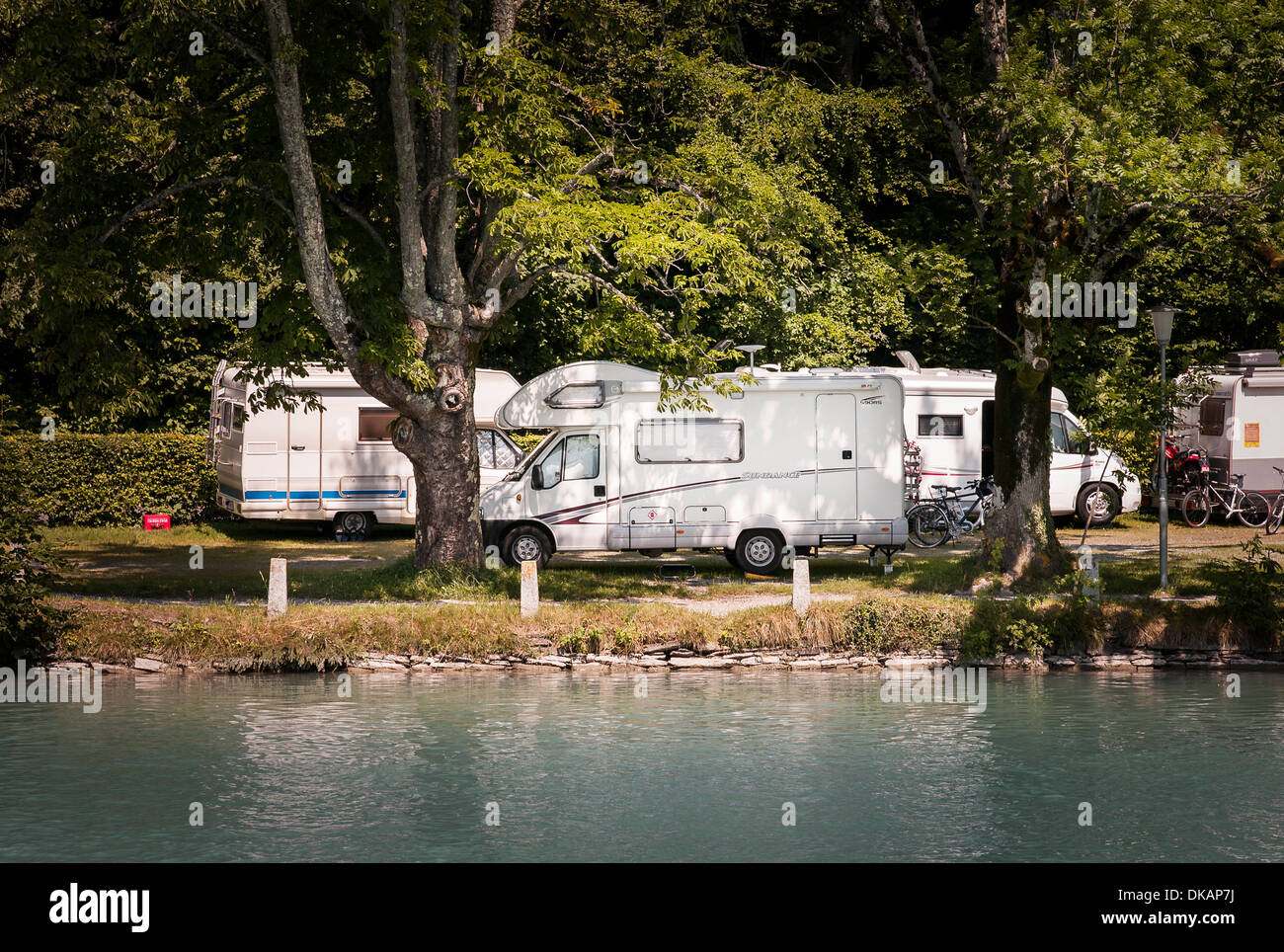 Motorhomes parked beside Lake Brienzie Switzerland Stock Photo
