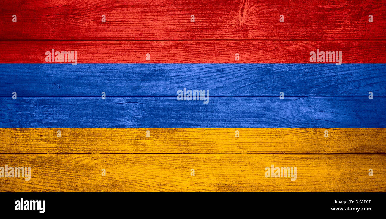 flag of Armenia or Armenian banner on wooden background Stock Photo