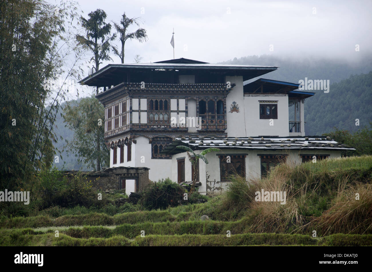 Bhutanese houses near Chimi Lhakhang. Located near Lobesa. Punakha District. Bhutan Stock Photo