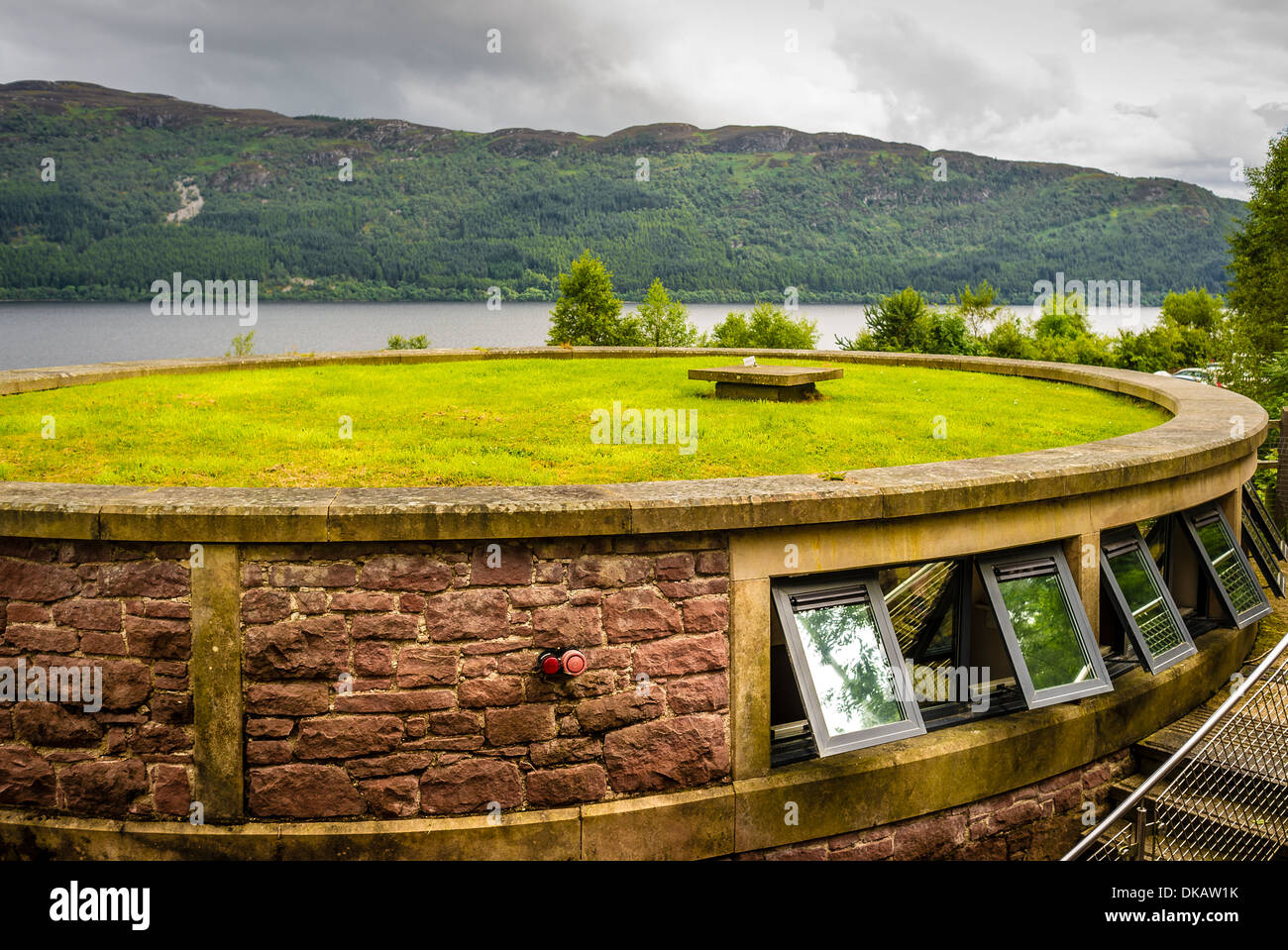 Unusual grass roof above the information centre at Urquhart Castle at Drumnadrochit Moray Scotland UK Stock Photo