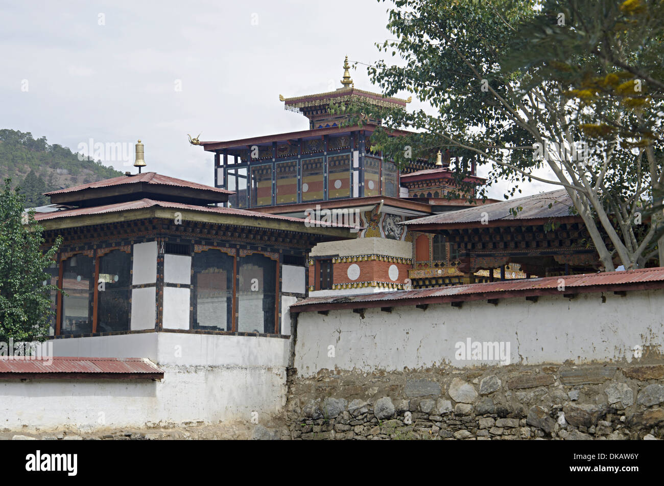 Beautiful house built in Bhutanese style. On the way to Punakha Dzong. Punakha. Bhutan Stock Photo