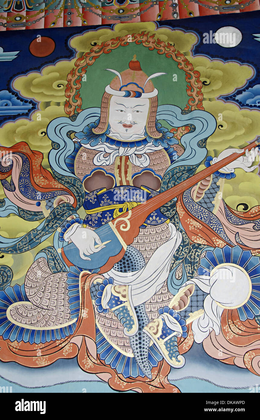 Wall mural painting in the Buddhist monastery and fortress at Punakha Dzong, Bhutan. Stock Photo