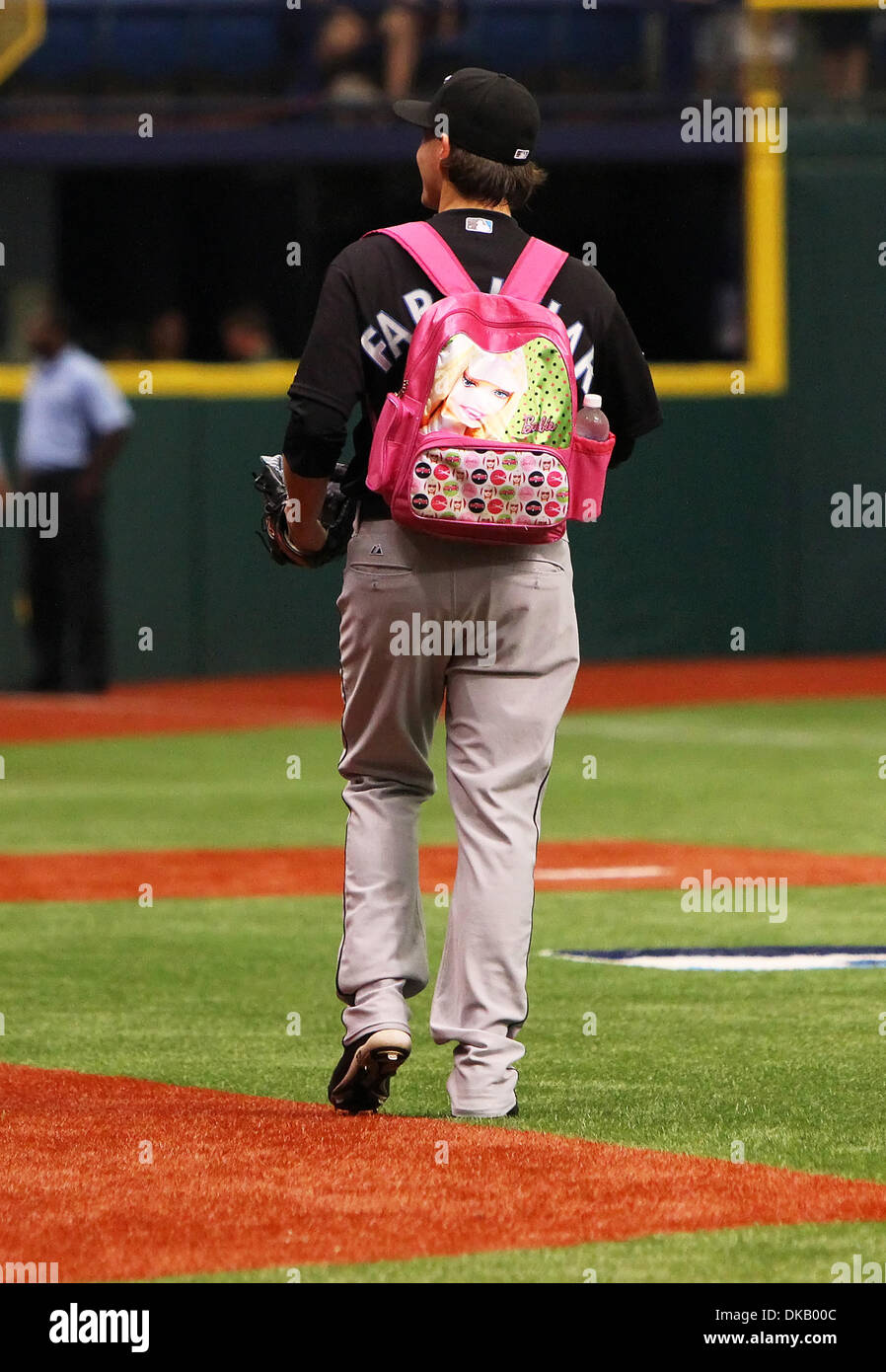 Sept 25 11 St Petersburg Florida U S Toronto Blue Jays Relief Pitcher Danny Farquhar 49 Heads To The Bullpen While Sporting A Barbie Backpack During A Baseball Game Between The Tampa Sept 25 11 St Petersburg Florida U S Toronto Blue Jays Relief Pitcher Danny Farquhar 49 Heads To The Bullpen While Sporting A Barbie Backpack During A Baseball Game Between The Tampa