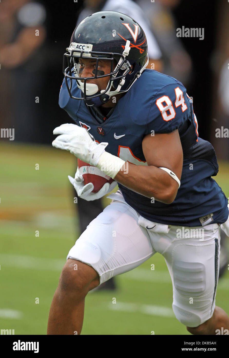 Sep. 24, 2011 - Charlottesville, Virginia, U.S. - Virginia Cavaliers wide receiver E.J. SCOTT (84) runs with the ball during the game at Scott Stadium. Mississippi Eagles beat Virginia Cavaliers 30-24. (Credit Image: © Andrew Shurtleff/ZUMAPRESS.com) Stock Photo