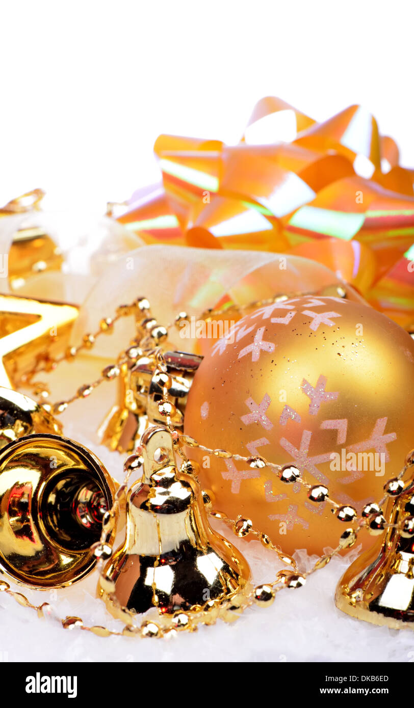 Christmas background with golden balls and bells Stock Photo - Alamy