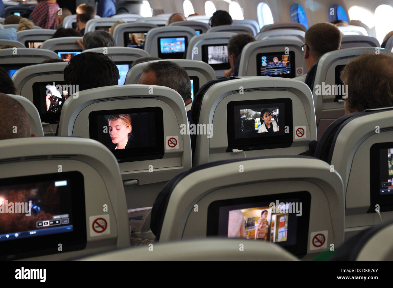 Seatback entertainment consoles on a Thomson Holidays 787 Dreamliner Stock Photo