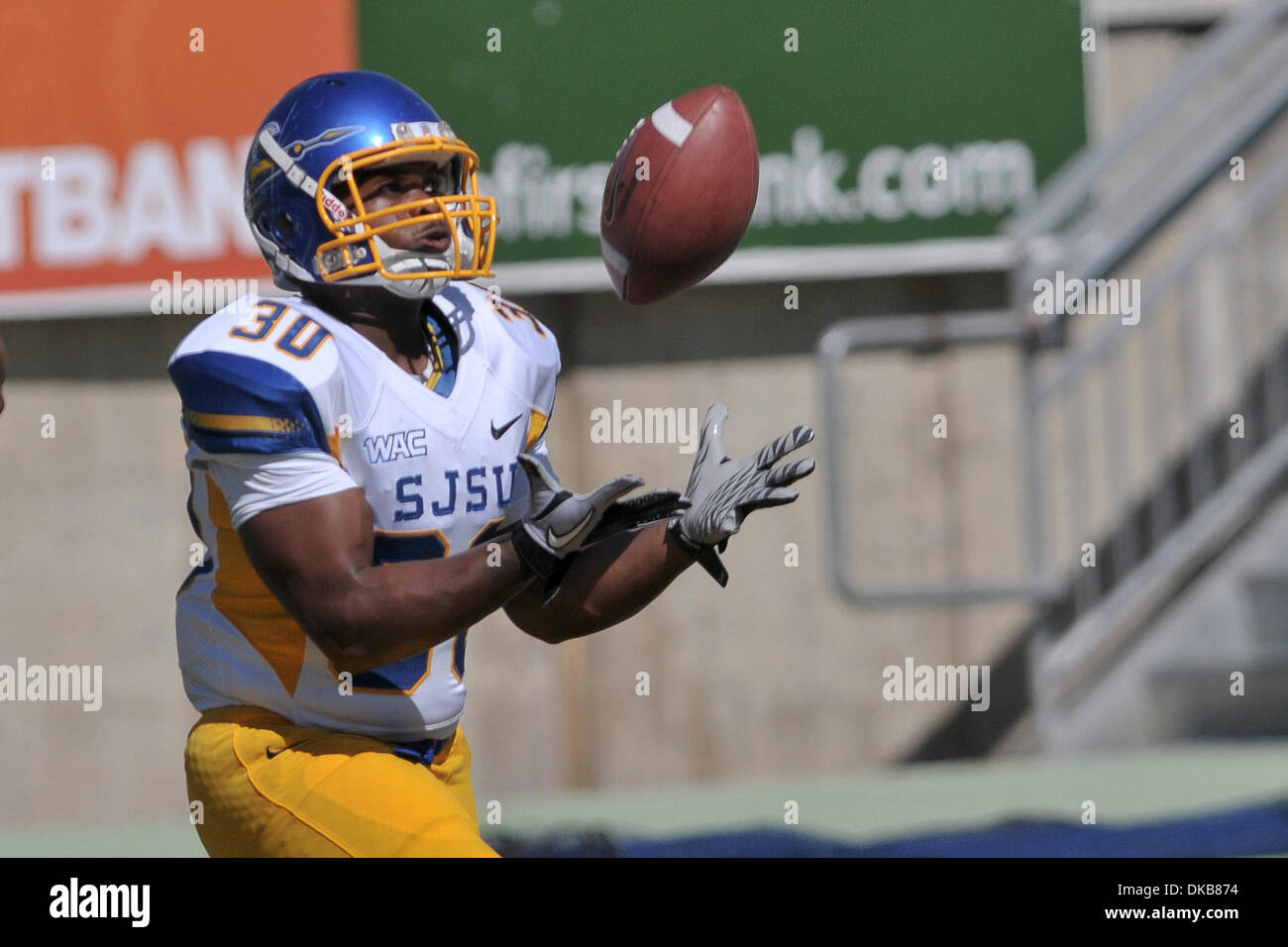 Oct. 1, 2011 - Fort Collins, Colorado, United States of America - San Jose Spartans Ralph Johnson (30) warms up prior to a game against the Colorado State Rams at Sonny Lubick Field at Hughes Stadium (Credit Image: © Michael Furman/Southcreek/ZUMAPRESS.com) Stock Photo