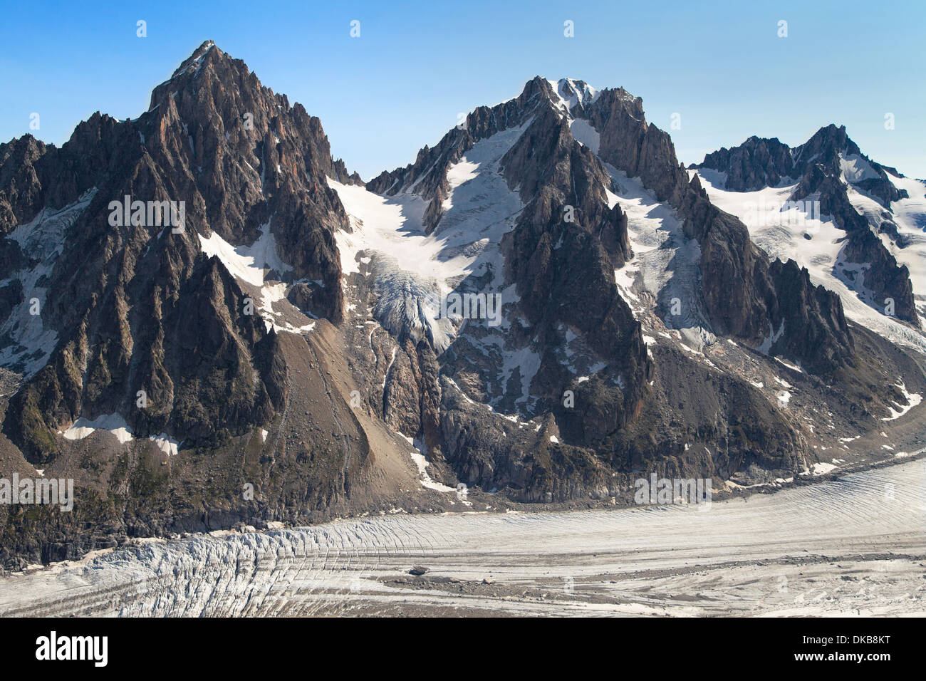 Glacier Argentiere with the needles of Chardonnet and Argentiere in the background, French Alps. Stock Photo