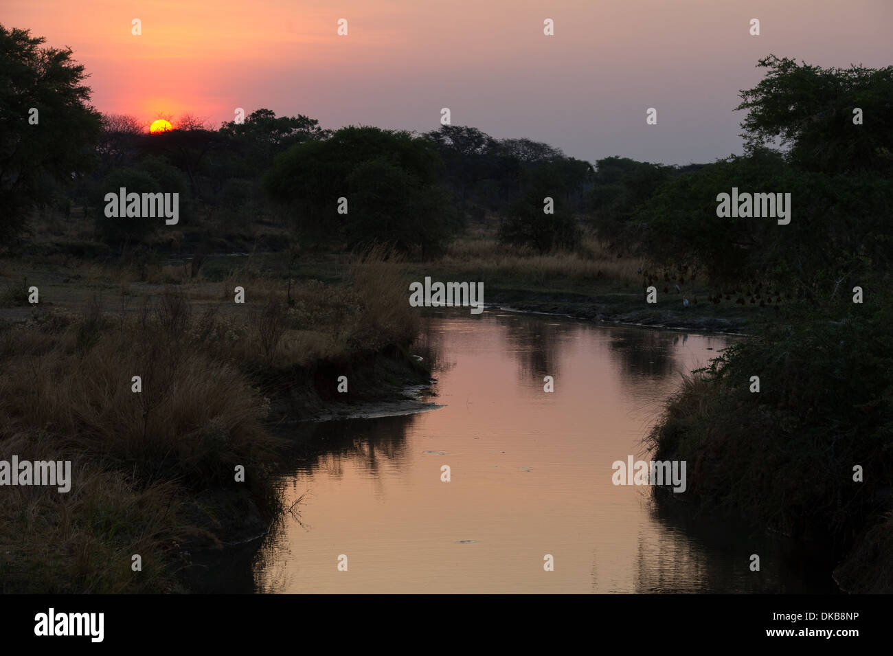 Sunset over the river, Katavi National Park, Tanzania Stock Photo