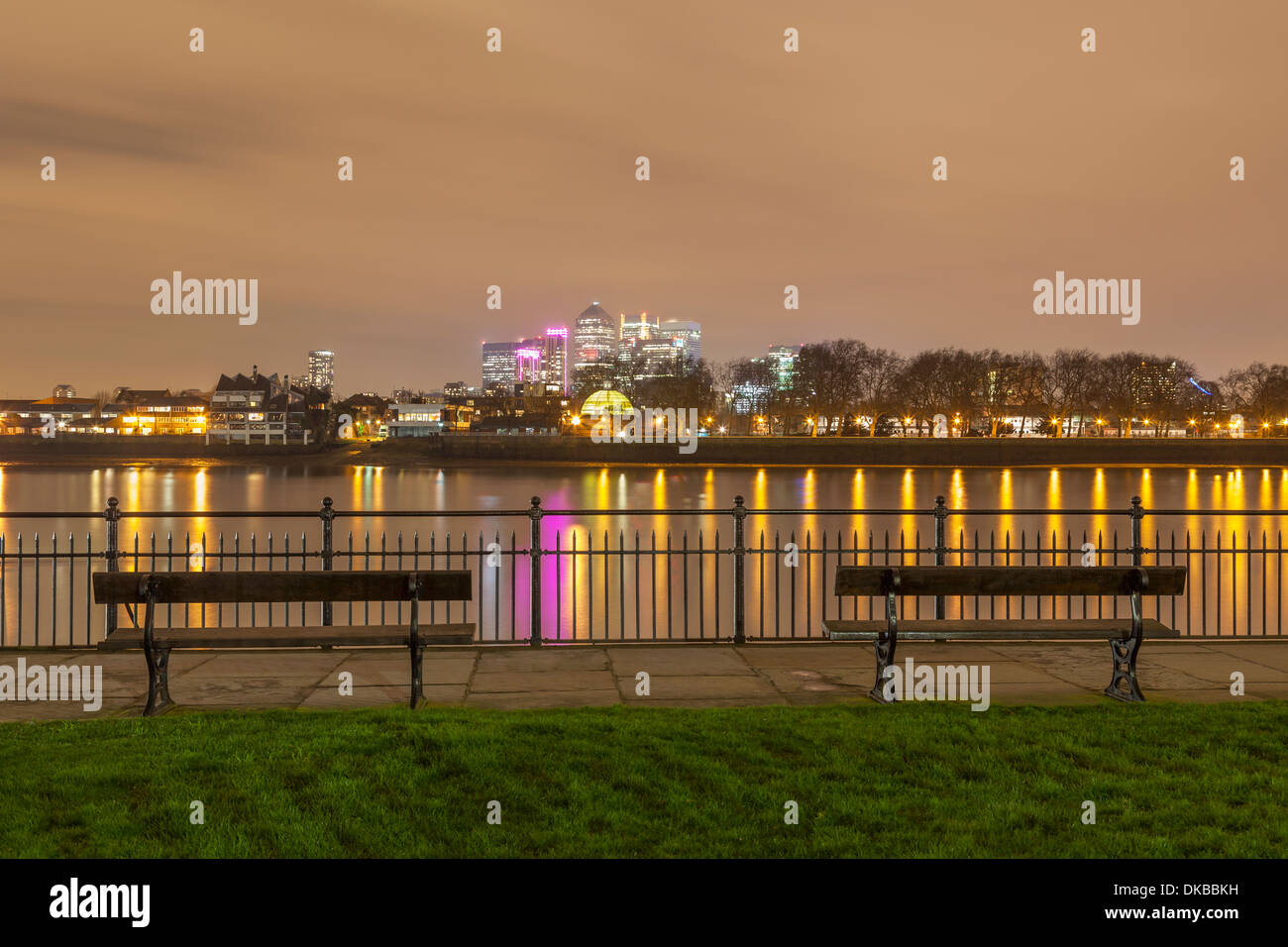 View of Canary Wharf and the Thames at night, London, United Kingdom Stock Photo