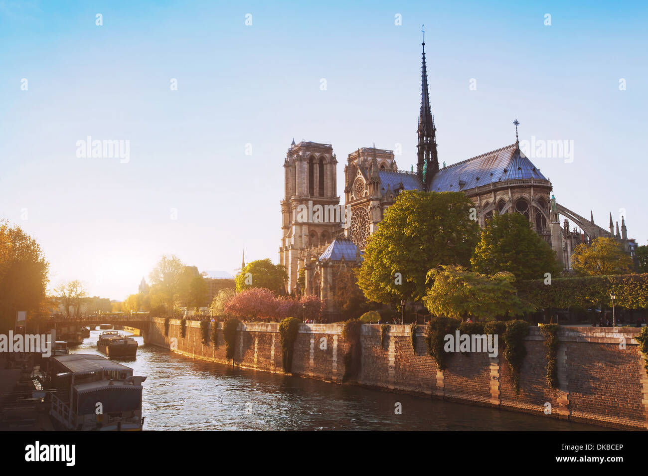 Notre Dame cathedral at sunset in Paris, France Stock Photo