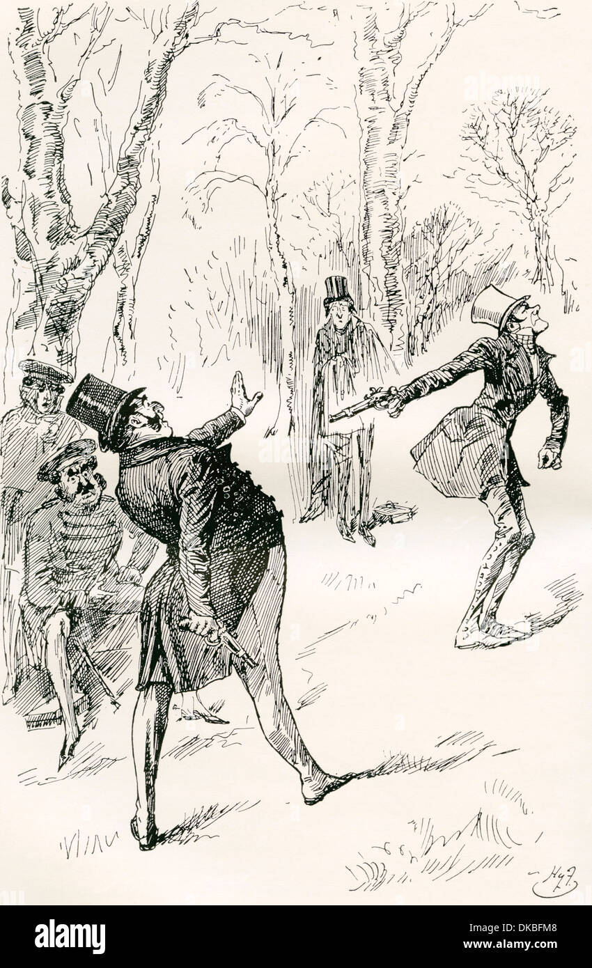 The Duel After the Ball.  Illustration by Harry Furniss for the Charles Dickens novel The Pickwick Papers. Stock Photo