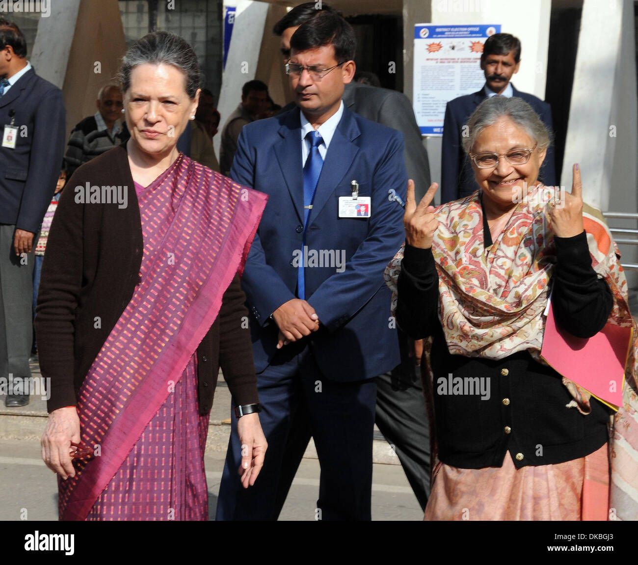 New Delhi, India . 04th Dec, 2013. Indian National Congress Party president Sonia Gandhi (L) and Delhi Chief Minister Sheila Dikshit pose for photo after casting their votes for the Delhi state assembly elections at a polling booth in New Delhi, India, Dec. 4, 2013. Nearly 12 million Delhi residents are expected to join in the election. Credit:  Xinhua/Alamy Live News Stock Photo