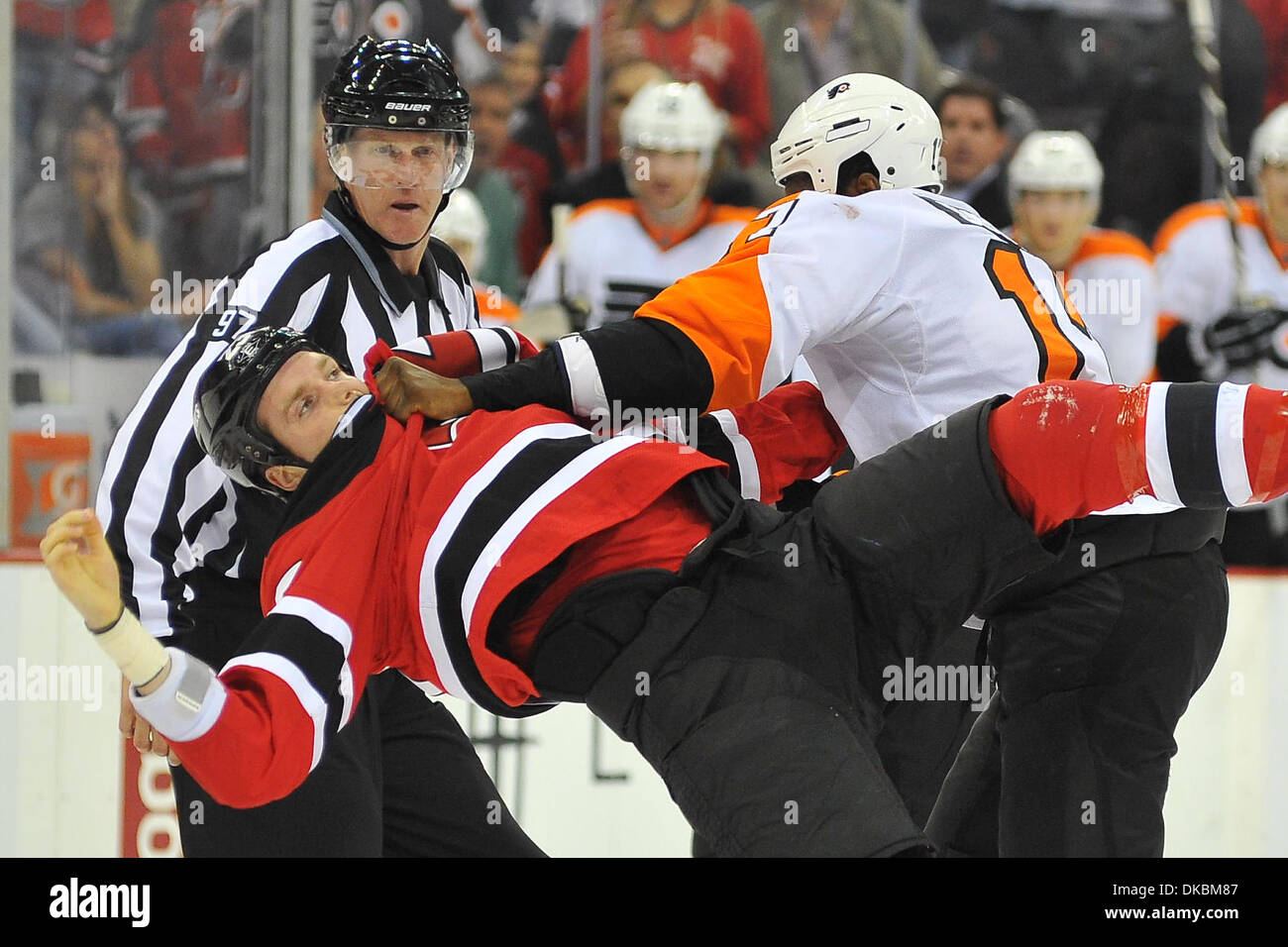 Oct. 8, 2011 - Newark, New Jersey, U.S - New Jersey Devils forward David Clarkson (23)  and Philadelphia Flyers forward Wayne Simmonds (17) in National Hockey League action at Prudential Center in Newark New Jersey Philadelphia defeats New Jersey 3 to 0 (Credit Image: © Brooks Von Arx/Southcreek/ZUMAPRESS.com) Stock Photo