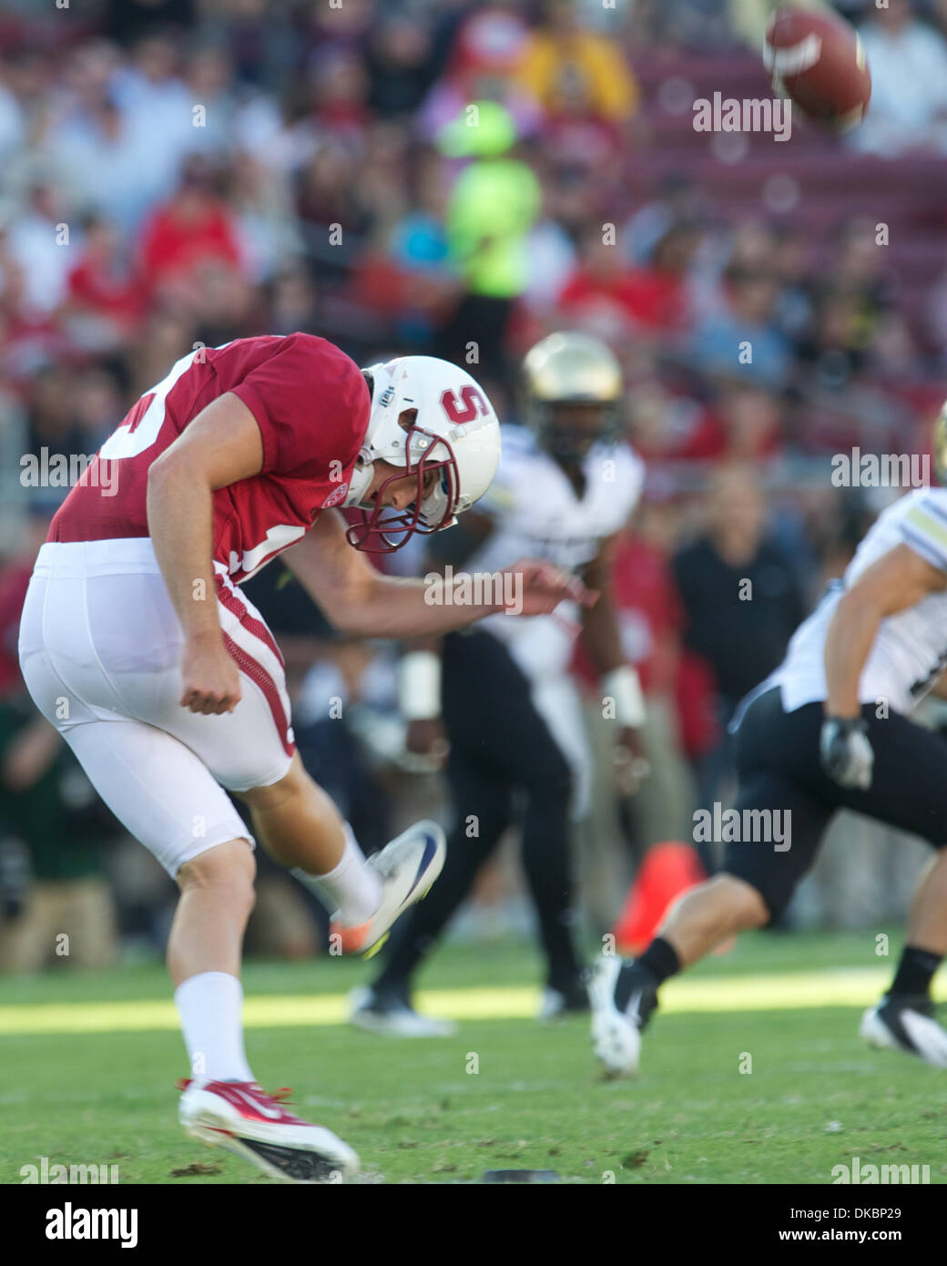 Oct. 8, 2011 - Stanford, California, U.S - Stanford kicker Jordan Williamson (19) kicks off during the NCAA football game between the Stanford Cardinal and the Colorado Buffaloes at Stanford Stadium in Stanford, CA.  Stanford routed Colorado 48-7. (Credit Image: © Matt Cohen/Southcreek/ZUMAPRESS.com) Stock Photo