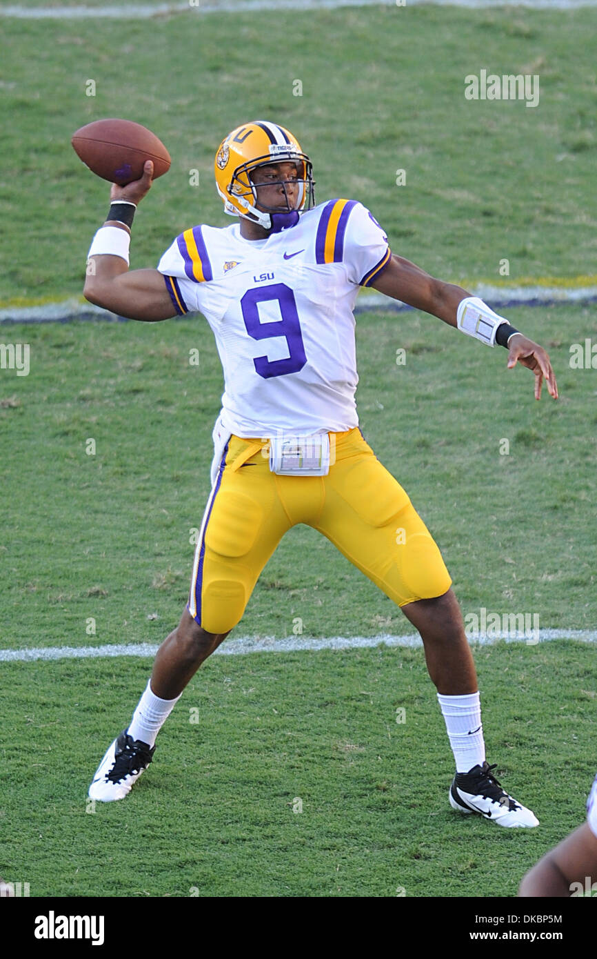 LSU Tigers quarterback Jordan Jefferson 9 looks to throw the