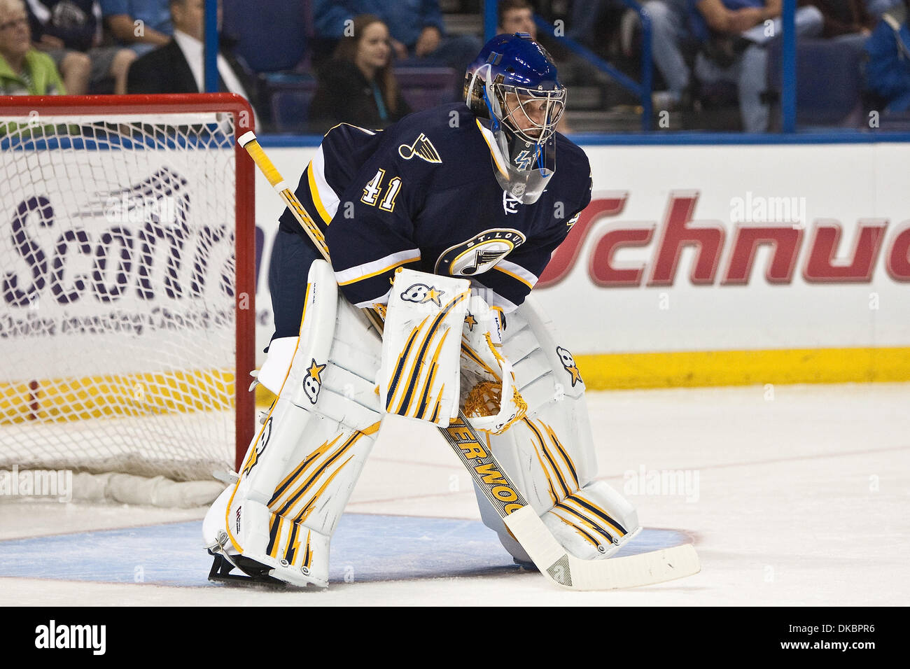 Jaroslav Halak (41) of the St. Louis Blues with a blocker save during the NHL  game between The Columbus Blue Jackets vs The St. Louis Blues at Scott  Trade Center in St.