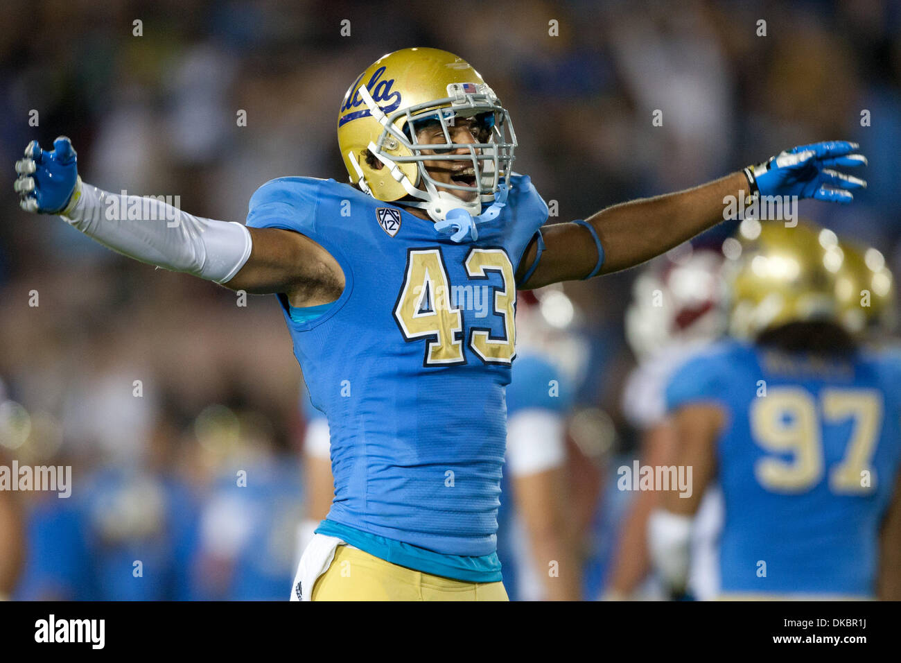 Oct. 8, 2011 - Pasadena, California, U.S - UCLA Bruins safety Dietrich Riley #43 gets pumped up during the NCAA Football game between the Washington State Cougars and the UCLA Bruins at the Rose Bowl. (Credit Image: © Brandon Parry/Southcreek/ZUMAPRESS.com) Stock Photo