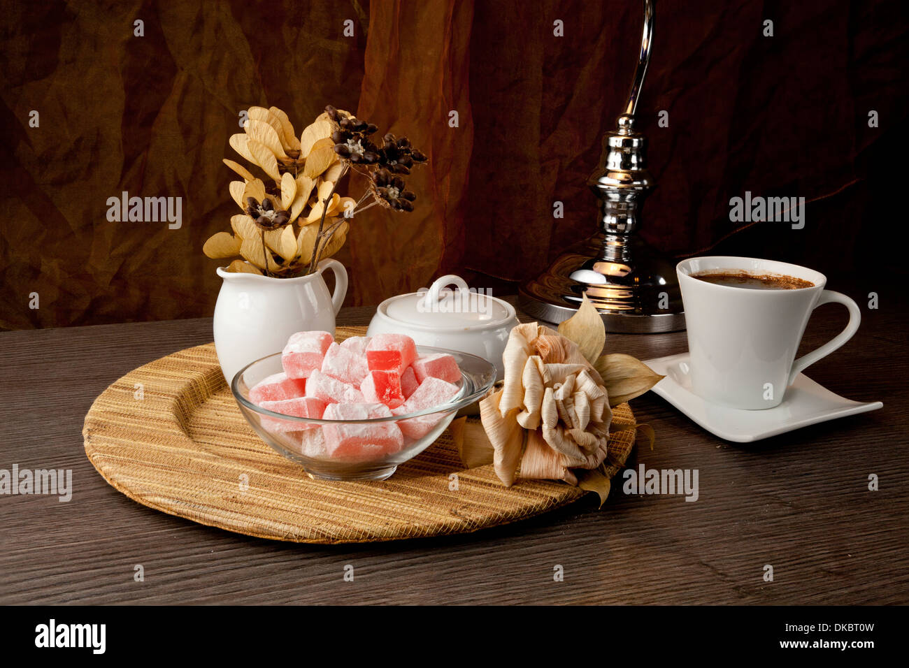 Turkish delight (lokum) confection with coffee pot Stock Photo