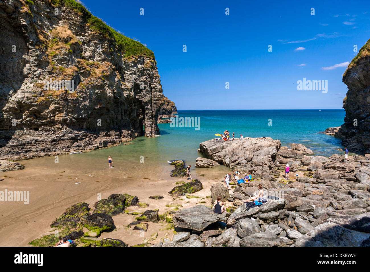 View over Bossiney Haven on the north coast of Cornwall, England, UK, Europe. Stock Photo