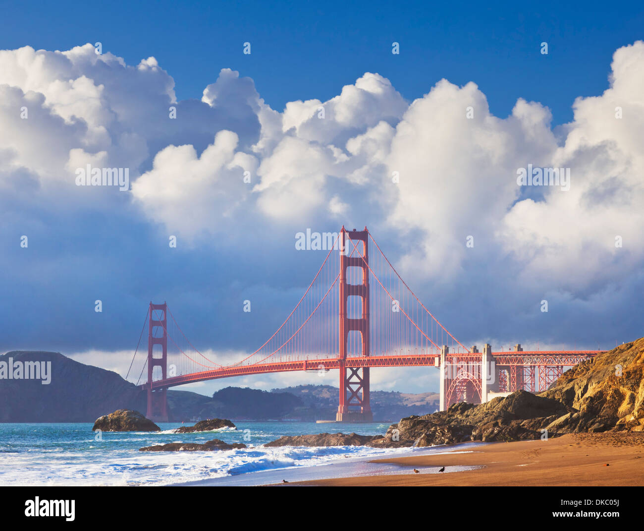 Golden Gate Bridge linking the city of San Francisco with Marin County from Baker Beach San Francisco California USA Stock Photo