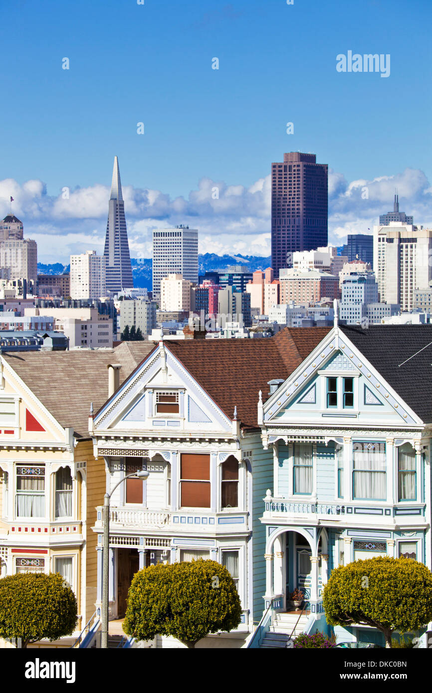 San Francisco Painted Ladies famous well maintained old Victorian houses on Alamo Square San Francisco California USA Stock Photo