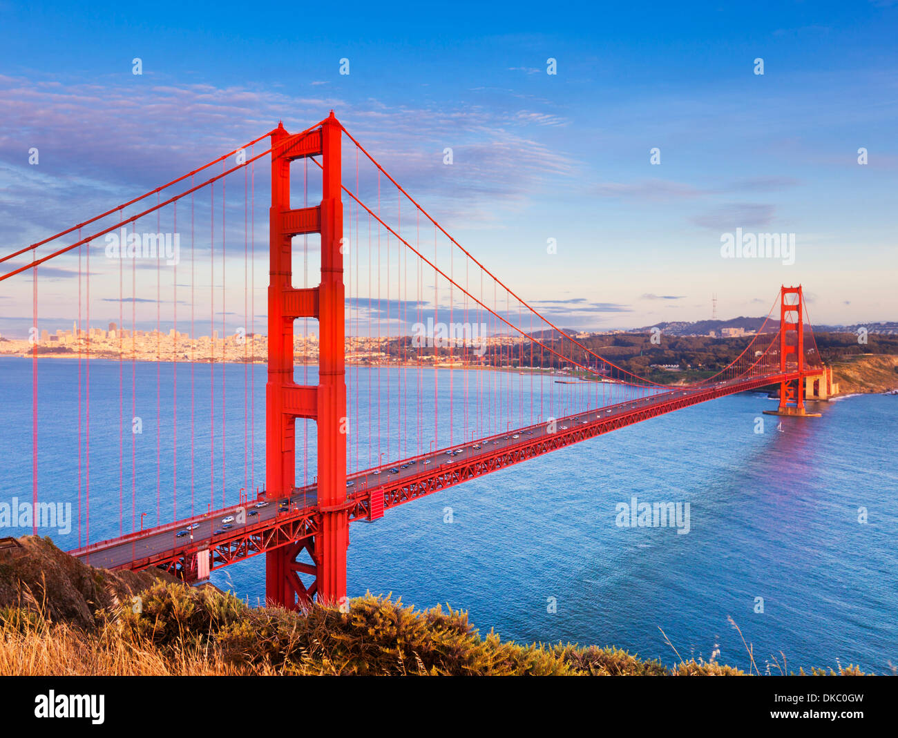 San Francisco Golden Gate Bridge from the mARIN HEADLANDS during the day with traffic crossing the bridge San Francisco California USA Stock Photo