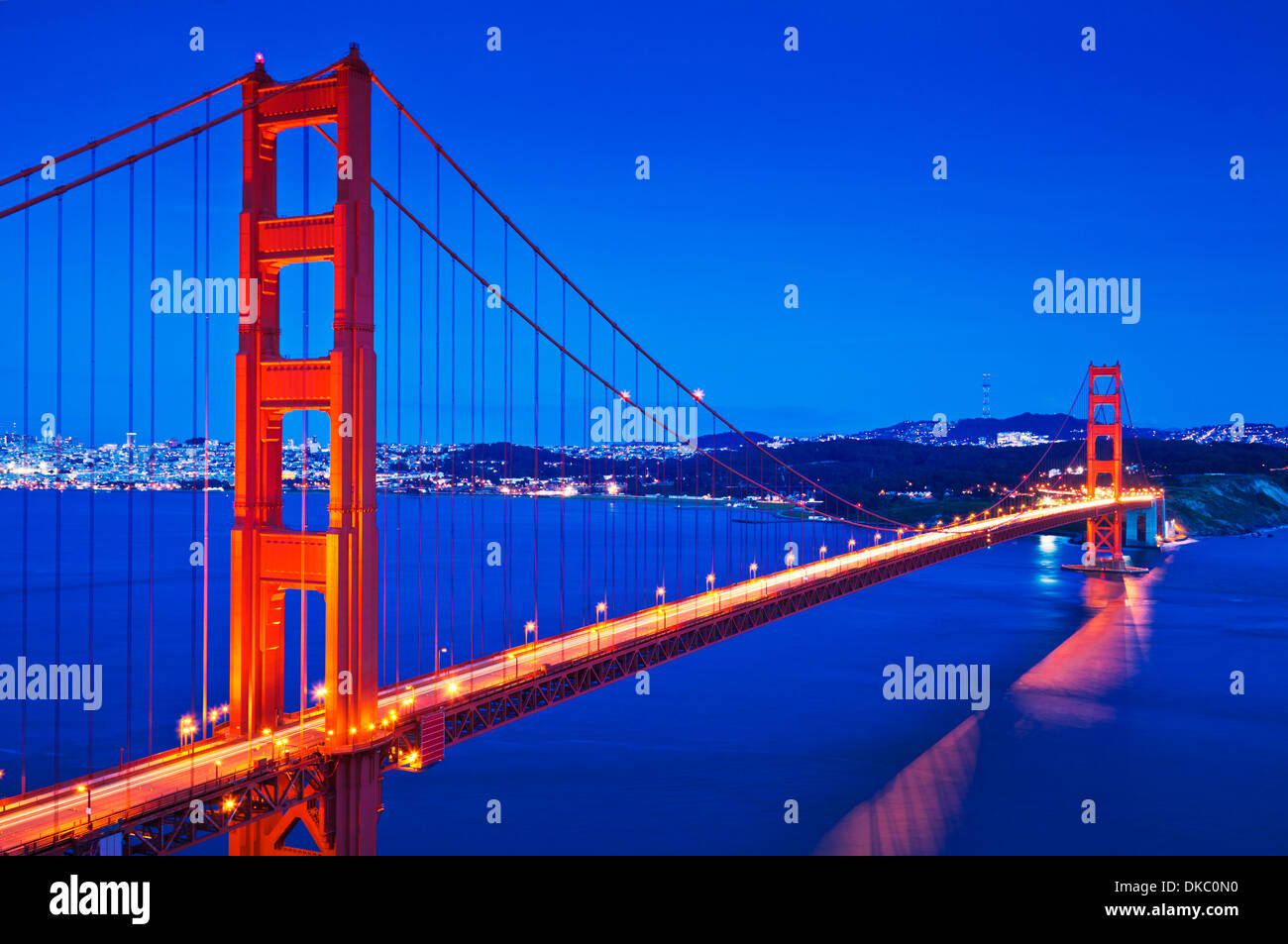 San Francisco Golden Gate Bridge at night with traffic light trails across the bridge San Francisco California USA Stock Photo