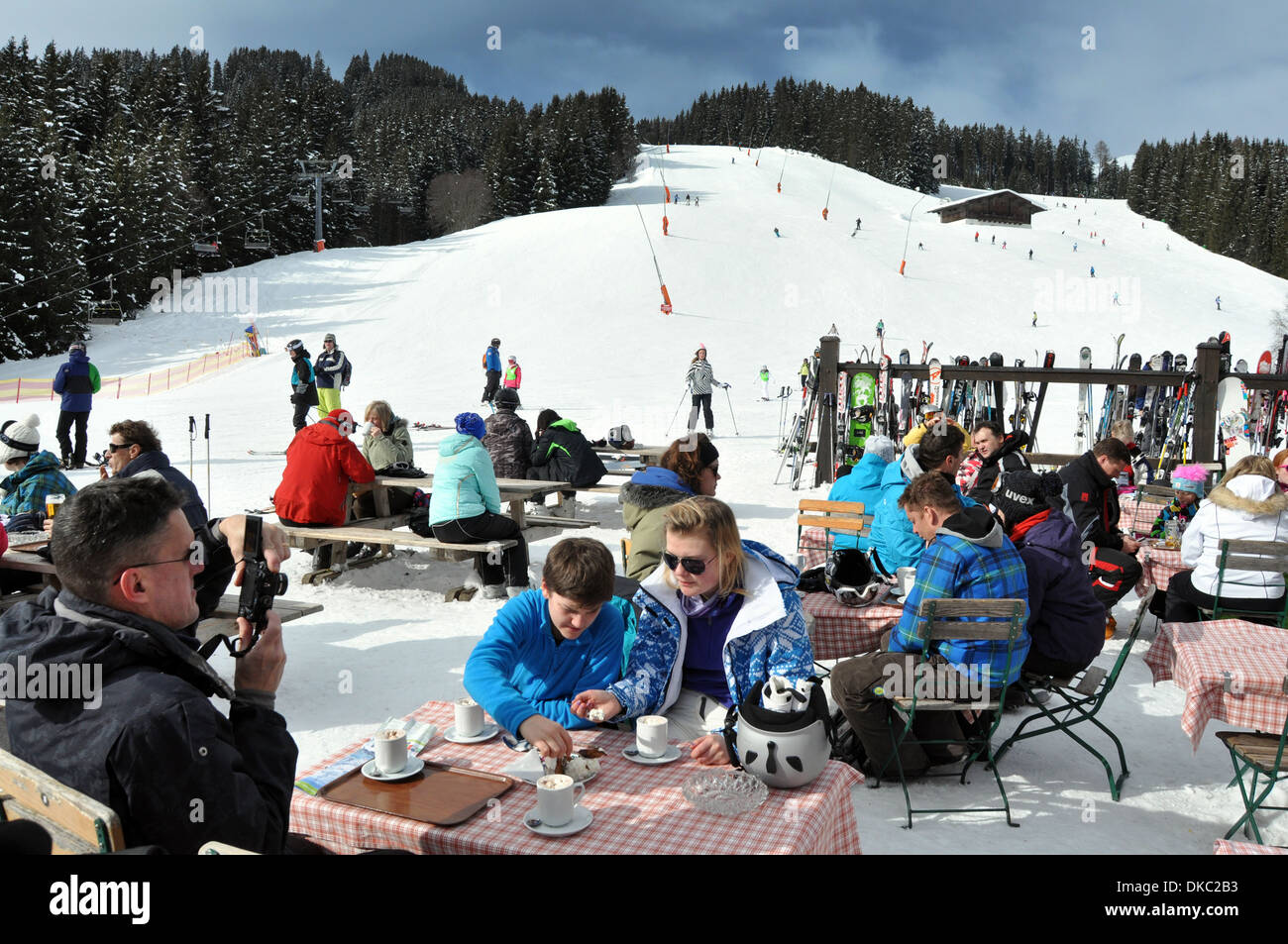 Eating on the slopes, Zell am See, Ski resort, Austria Stock Photo
