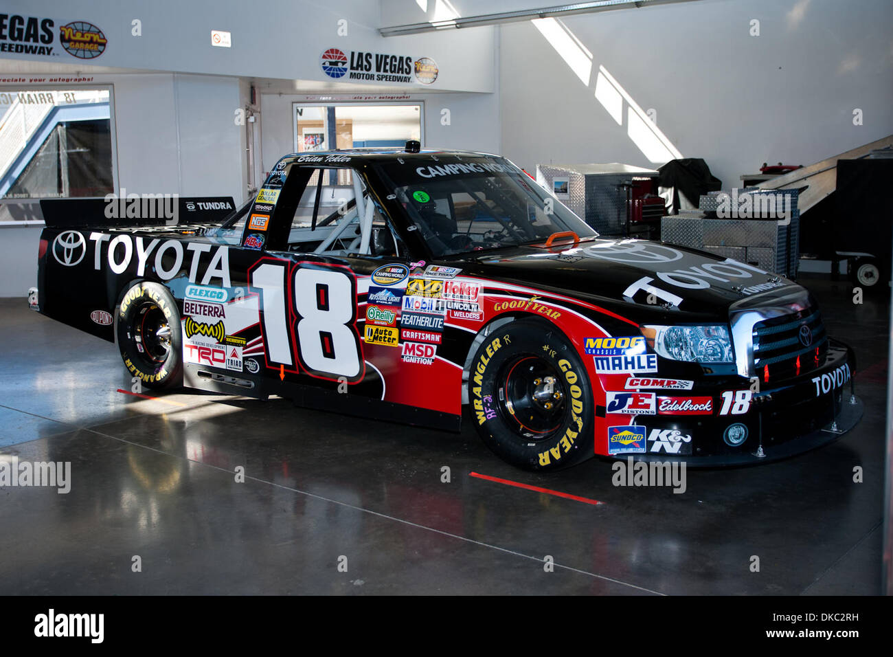 Oct. 15, 2011 - Las Vegas, Nevada, U.S - The #18 Toyota Certified Used Vehicles Toyota Tundra in the garage waiting to start its day in the NASCAR Camping World Truck Series Smith's 350 at Las Vegas Motor Speedway in Las Vegas, Nevada. (Credit Image: © Matt Gdowski/Southcreek/ZUMAPRESS.com) Stock Photo