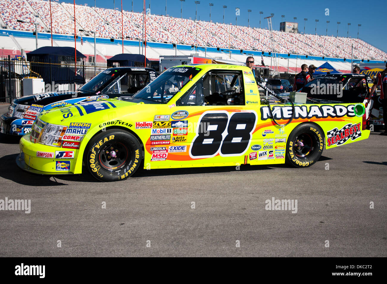 Oct. 15, 2011 - Las Vegas, Nevada, U.S - The #88 Ideal Door / Menards Chevrolet Silverado is sitting in the pits just before getting ready to be rolled out onto the track before the beginning of the NASCAR Camping World Truck Series Smith's 350 at Las Vegas Motor Speedway in Las Vegas, Nevada. (Credit Image: © Matt Gdowski/Southcreek/ZUMAPRESS.com) Stock Photo