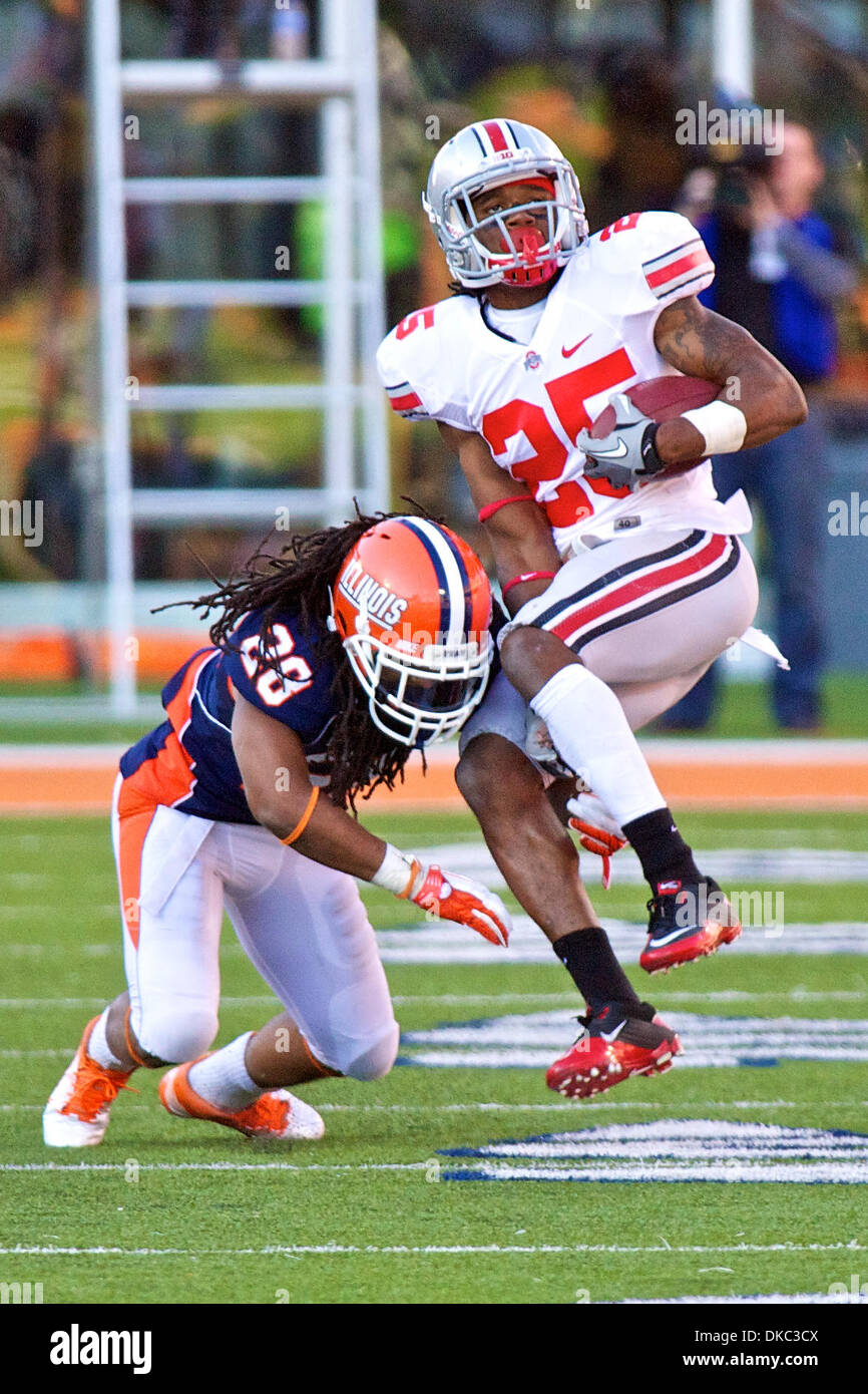 Oct. 15, 2011 - Champaign, Illinois, U.S - Ohio State Buckeyes defensive back Bradley Roby (25) spins out of the tackle of Illinois Fighting Illini running back Troy Pollard (28) after an interception early in the third quarter of the game between Ohio State and Illinois at Memorial Stadium, Champaign, Illinois.  Ohio State defeated Illinois 17-7. (Credit Image: © Scott Stuart/Sout Stock Photo