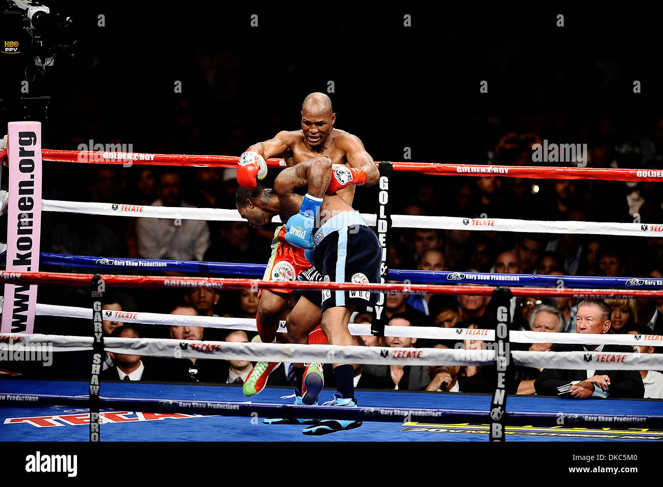 Oct. 15, 2011 - Los Angeles, California, U.S. - BERNARD HOPKINS (red trunks) loses by TKO in the second round after CHAD DAWSON lifted Hopkins off his feet and down to the mat, hurting his shoulder and becoming unable to continue the fight at the Staples Center. Dawson takes the WBC light heavyweight title. (Credit Image: © Gene Blevins/ZUMAPRESS.com) Stock Photo