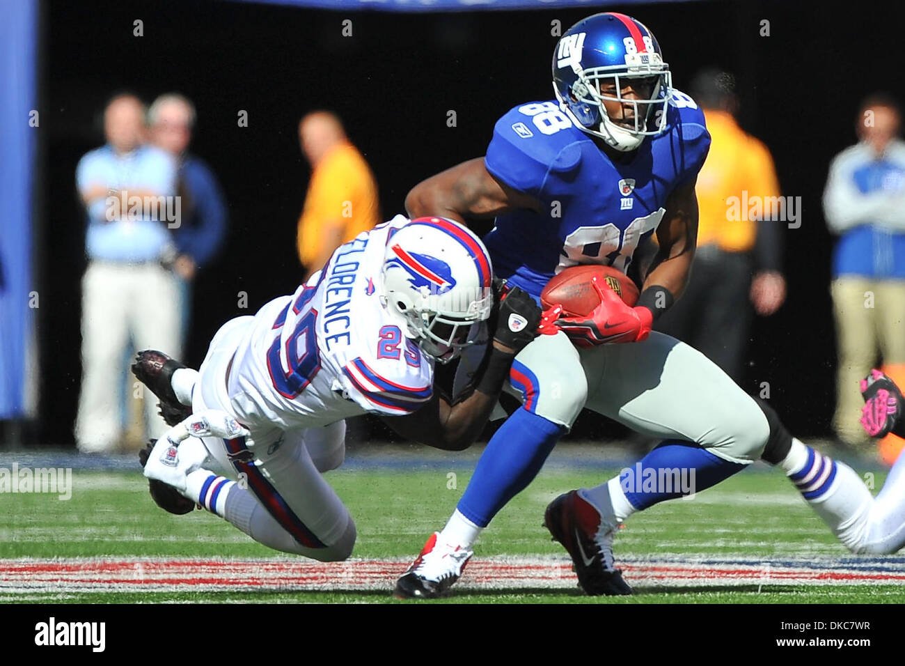 Oct. 16, 2011 - East Rutherford, New Jersey, U.S - Buffalo Bills corner back Drayton Florence (29) tackles New York Giants wide receiver Hakeem Nicks (88) at Met Life Stadium in East Rutherford New Jersey New York leads Buffalo 17 to 14 at halftime (Credit Image: © Brooks Von Arx/Southcreek/ZUMAPRESS.com) Stock Photo