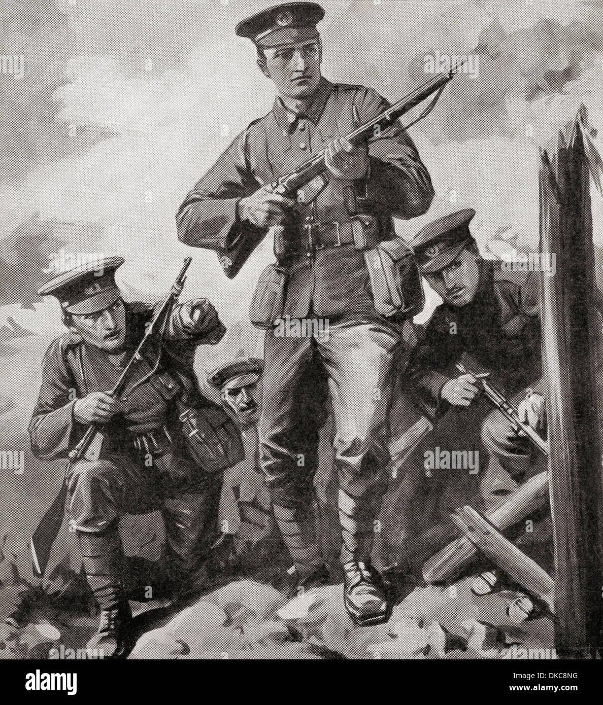 World War One soldiers preparing to meet the enemy. From The War Illustrated Album Deluxe, published 1915. Stock Photo