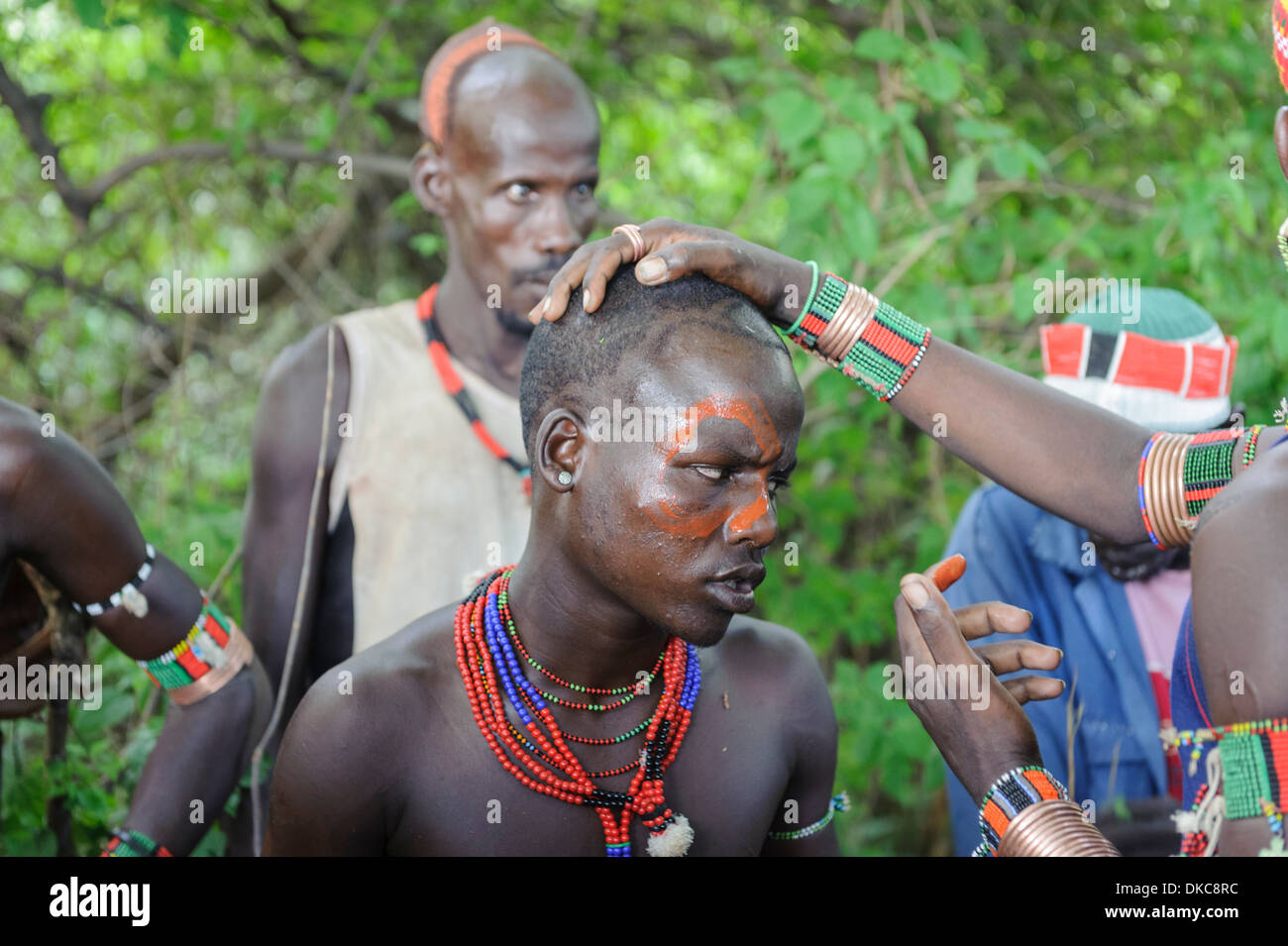 Maza getting ready to participate in the bull jumping ceremony, Omo valley, Ethiopia Stock Photo
