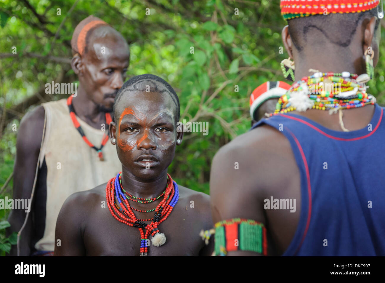 Maza getting ready to participate in the bull jumping ceremony, Omo valley, Ethiopia Stock Photo