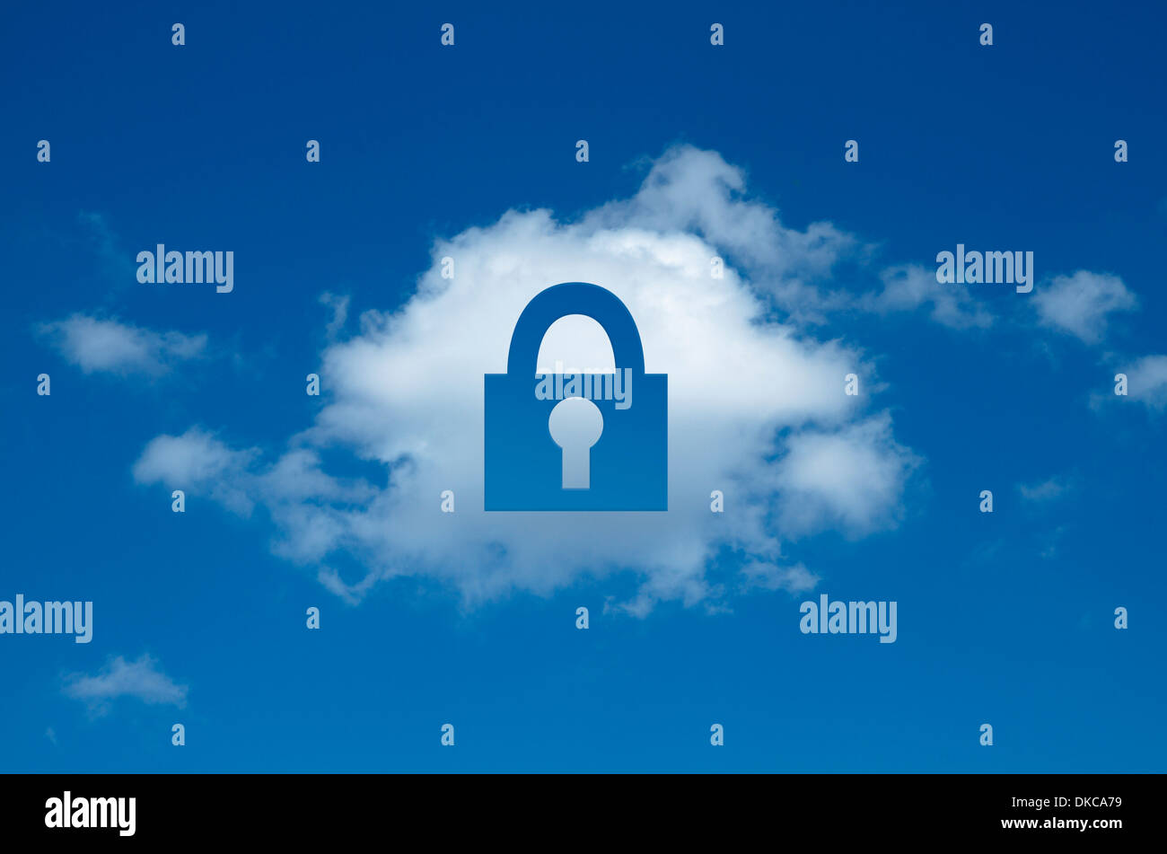 Digital composite of cloud with padlock shape cut out, secure cloud computing Stock Photo