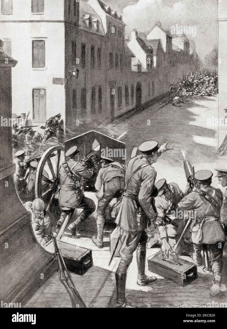 British machine guns mow down a German column during a skirmish at Landrecries, France,25 August 1914. Stock Photo