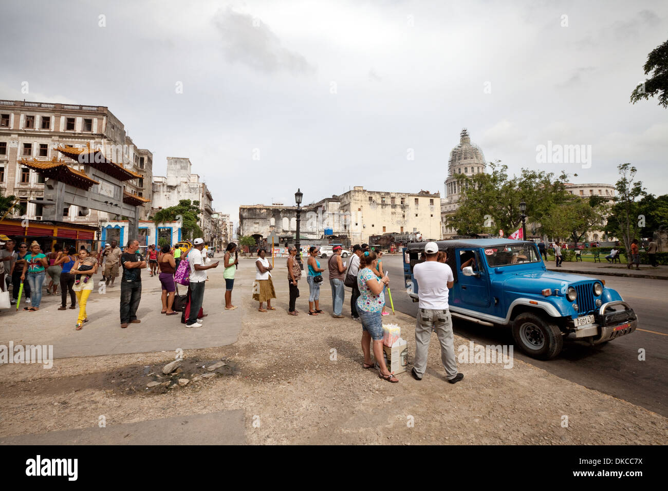 Taxi queue, people queuing for a taxi, Havana Cuba Caribbean Stock Photo