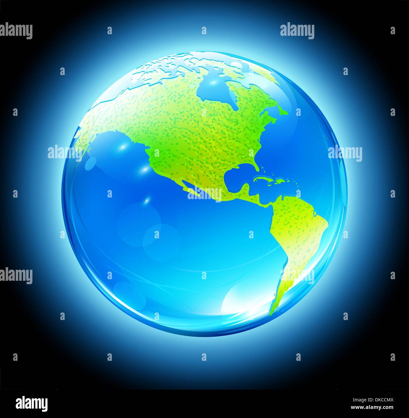 Vector illustration of Glossy Earth Map Globe on dark blue glowing ...